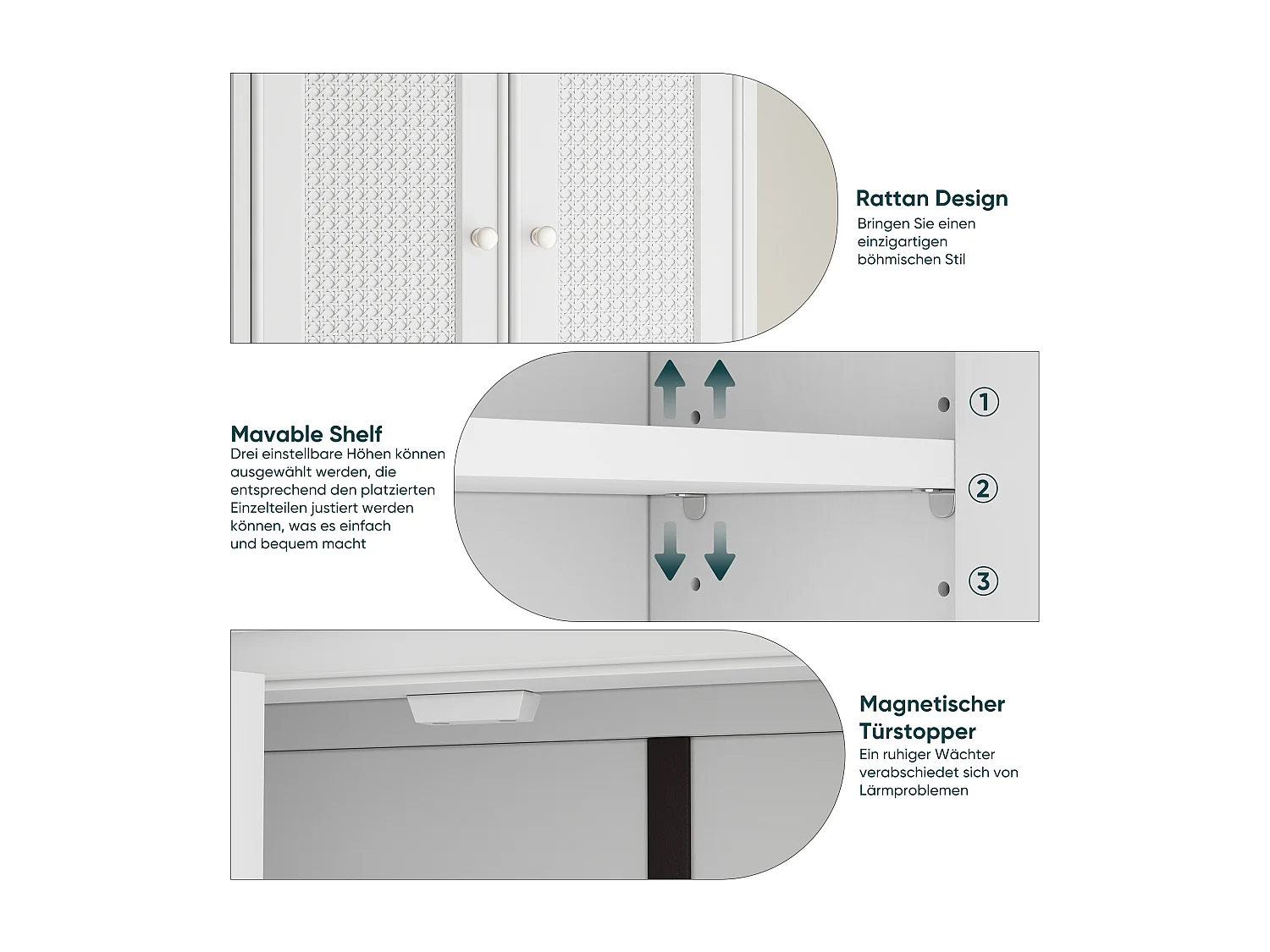 Meuble de salle de bain suspendu avec portes en rotin, MDF, blanc (54.6x19.8x59.9 cm)