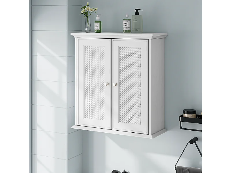 Meuble de salle de bain suspendu avec portes en rotin, MDF, blanc (54.6x19.8x59.9 cm)