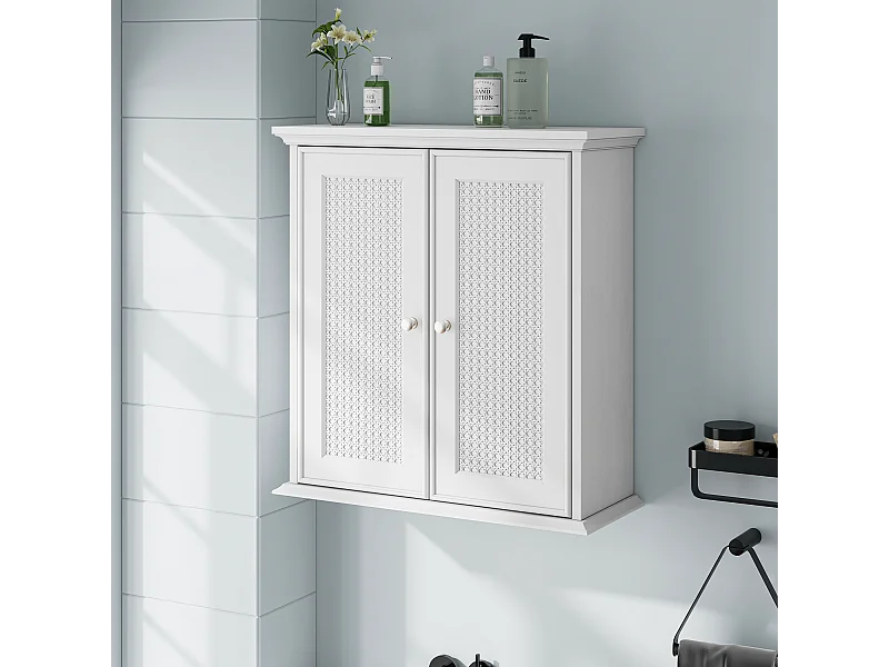 Badkamermeubel met wandmontage en rotandeuren, MDF, wit (54,6x19,8x59,9 cm)