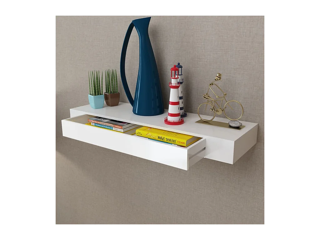 Mensola da parete con 1 cassetto in MDF bianco per riporre libri/DVD