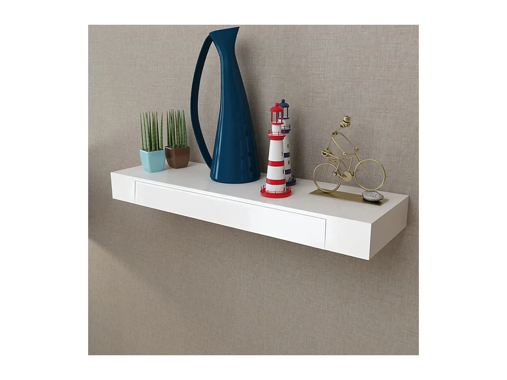 Mensola da parete con 1 cassetto in MDF bianco per riporre libri/DVD