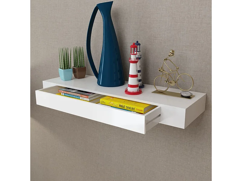 Étagère murale avec 1 tiroir MDF Blanc Rangement de livres/DVD