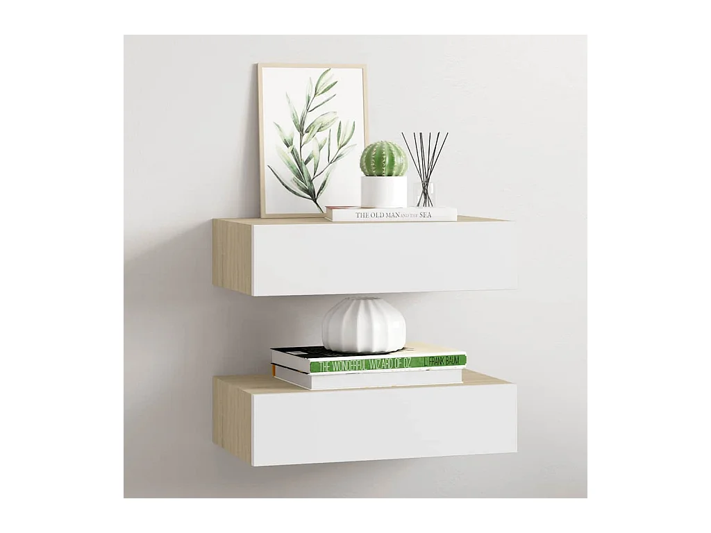 Étagères à tiroir murales 2 pcs Chêne et blanc 40x23,5x10cm MDF