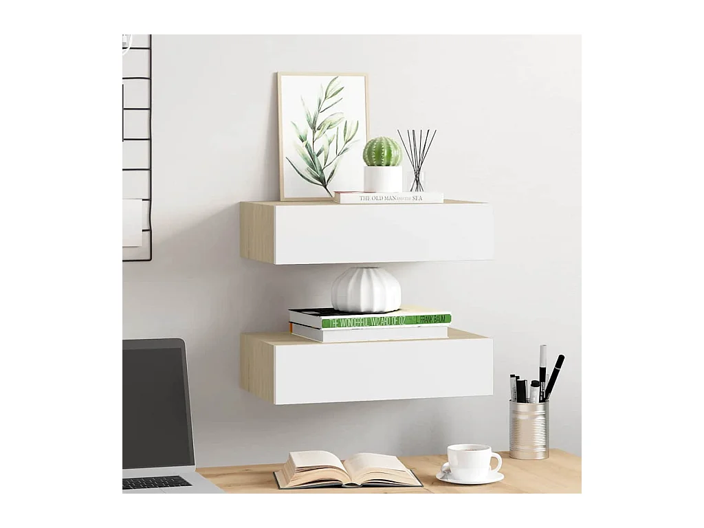 Étagères à tiroir murales 2 pcs Chêne et blanc 40x23,5x10cm MDF