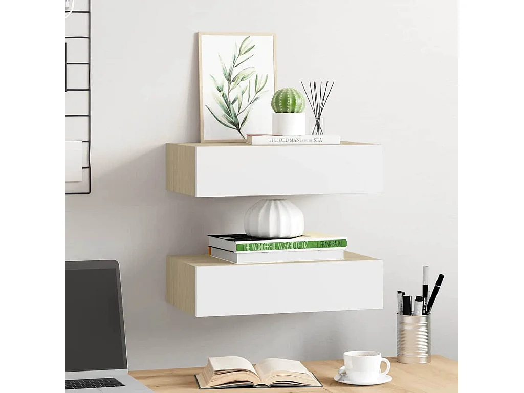 Étagères à tiroir murales 2 pcs Chêne et blanc 40x23,5x10cm MDF