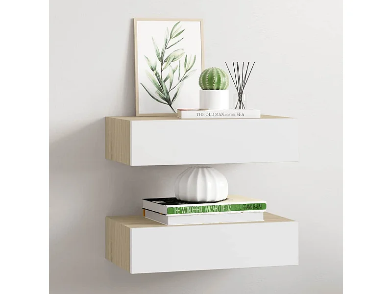 Étagères à tiroir murales 2 pcs Chêne et blanc 40x23,5x10cm MDF
