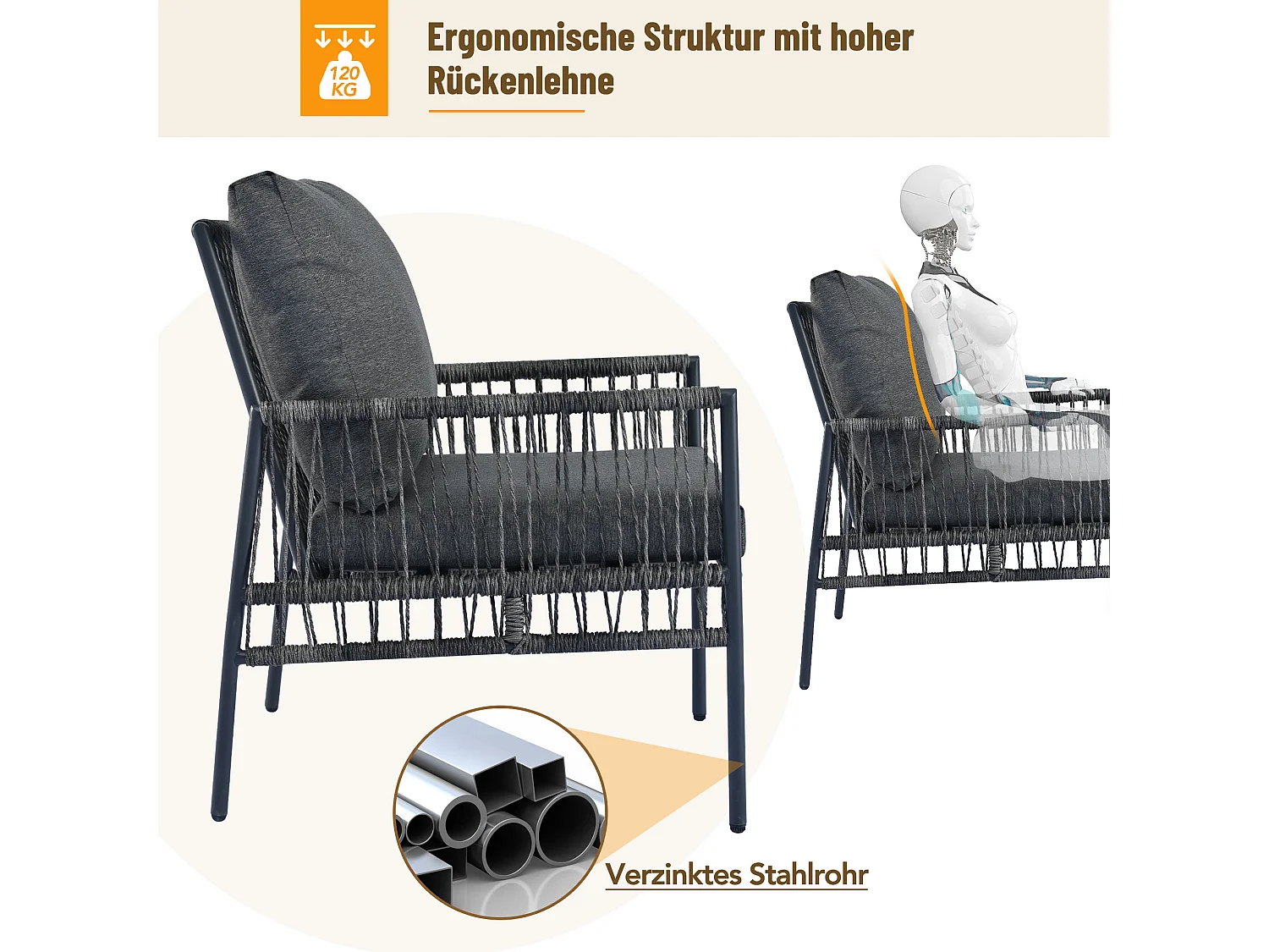 Salon de jardin 7 places, avec table basse, PE-Rattan, acier galvanisé, verre trempé imitation bois (215x215x65 cm)