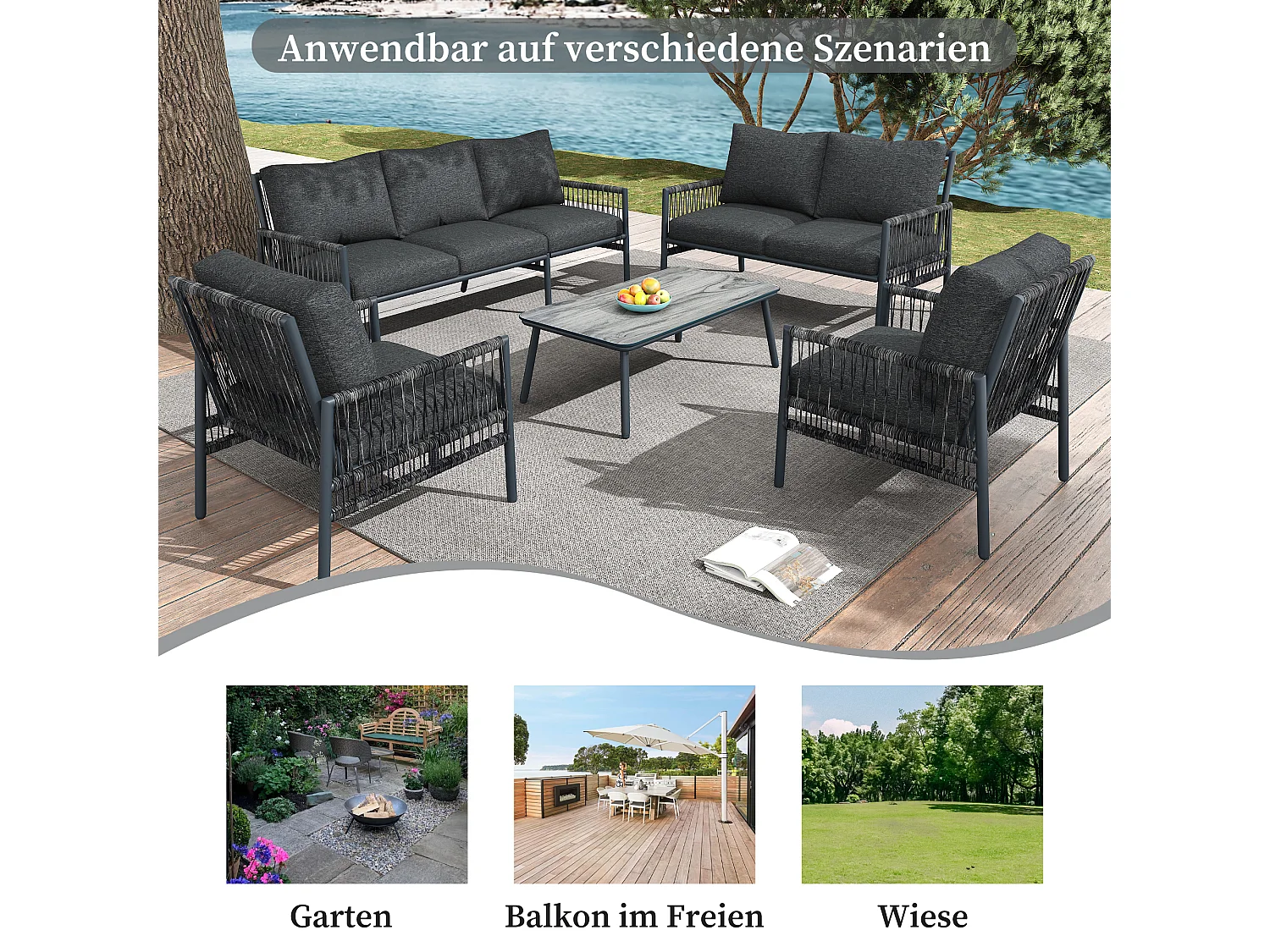 Salon de jardin 7 places, avec table basse, PE-Rattan, acier galvanisé, verre trempé imitation bois (215x215x65 cm)