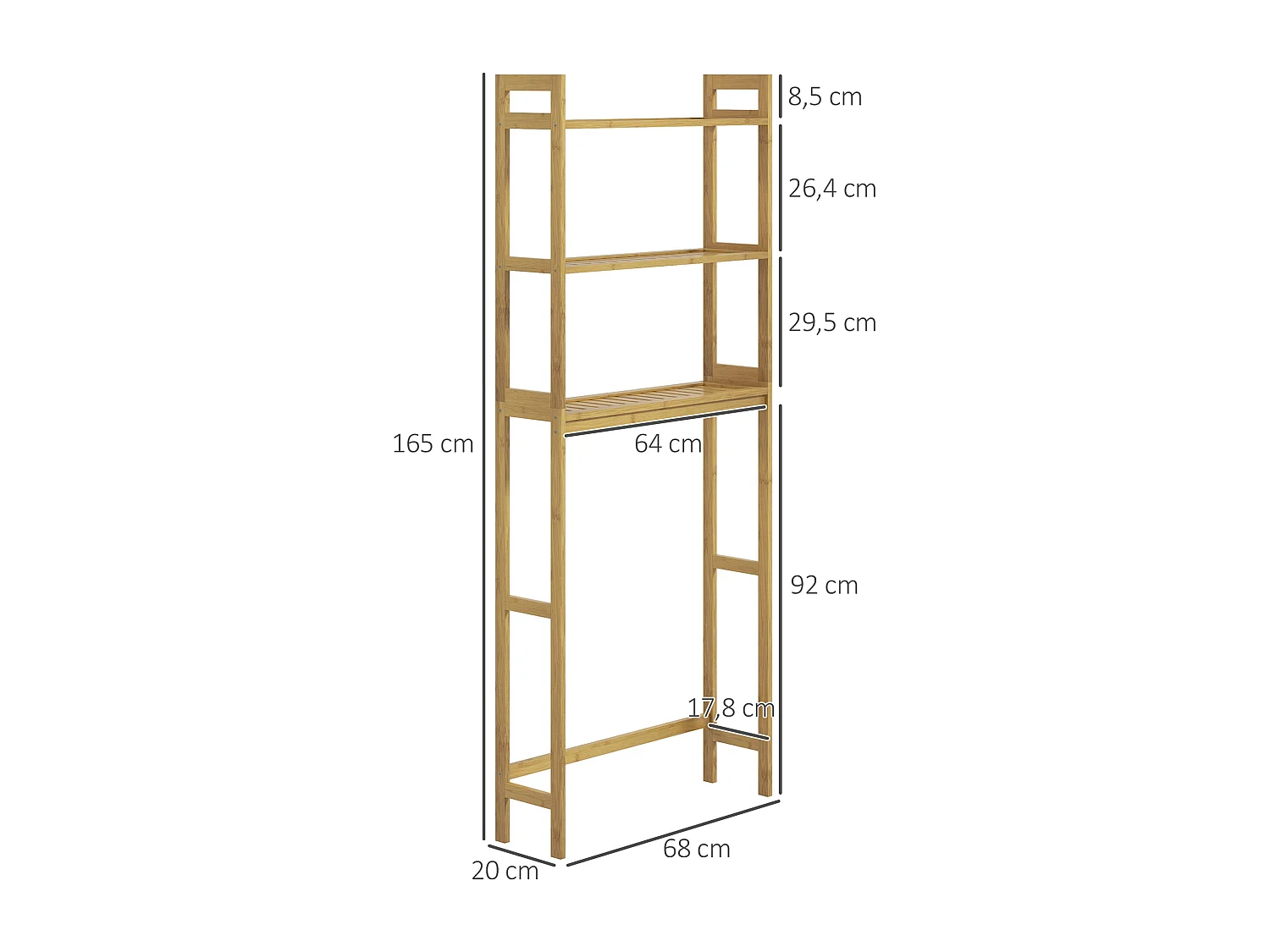 Étagère de toilette 3 niveaux en bambou, avec protection anti-basculement, bois naturel (68x20x165 cm)