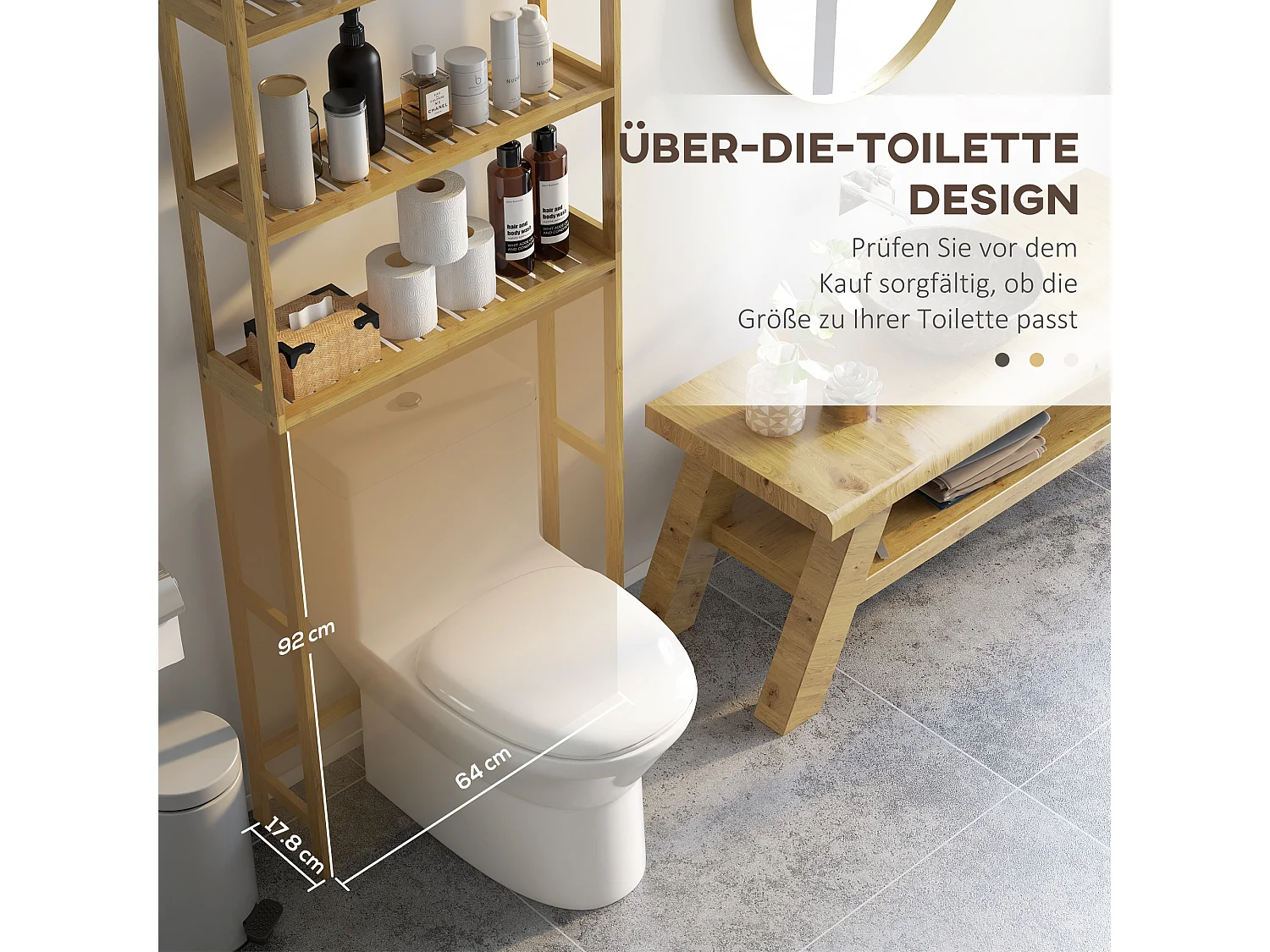Étagère de toilette 3 niveaux en bambou, avec protection anti-basculement, bois naturel (68x20x165 cm)