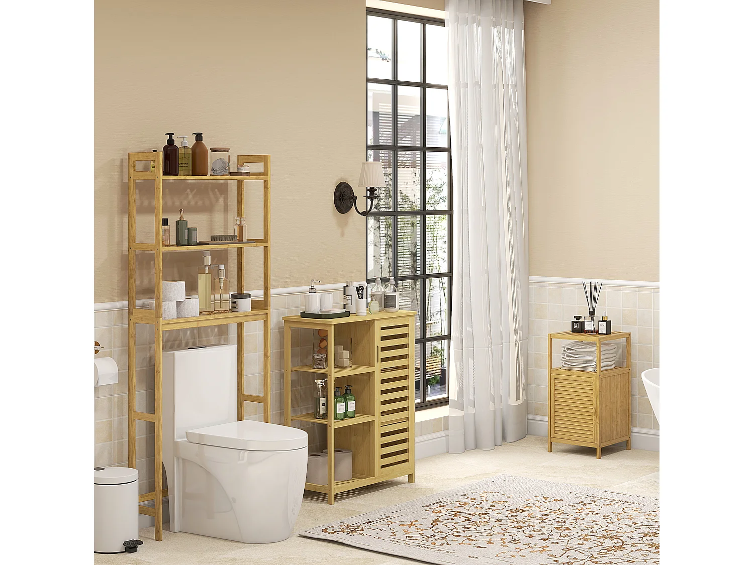 Étagère de toilette 3 niveaux en bambou, avec protection anti-basculement, bois naturel (68x20x165 cm)