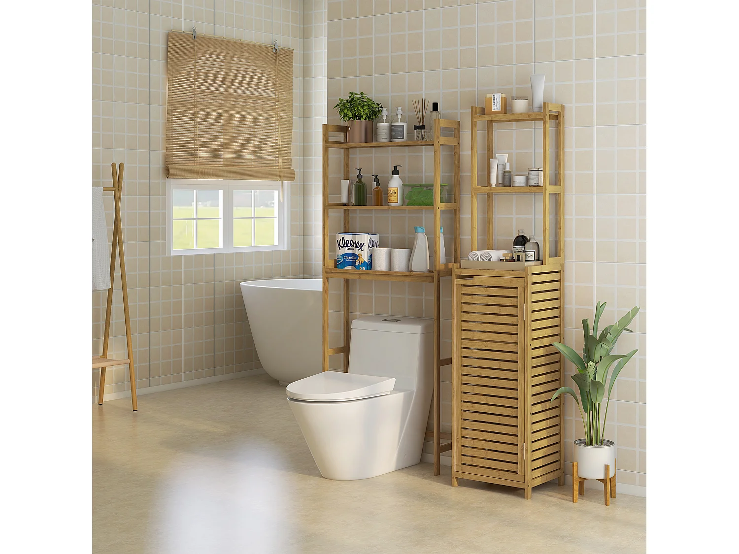 Étagère de toilette 3 niveaux en bambou, avec protection anti-basculement, bois naturel (68x20x165 cm)