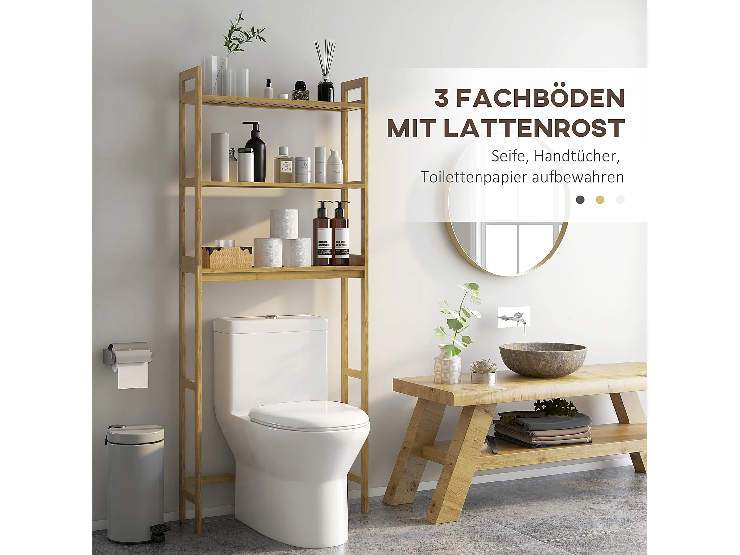 Étagère de toilette 3 niveaux en bambou, avec protection anti-basculement, bois naturel (68x20x165 cm)