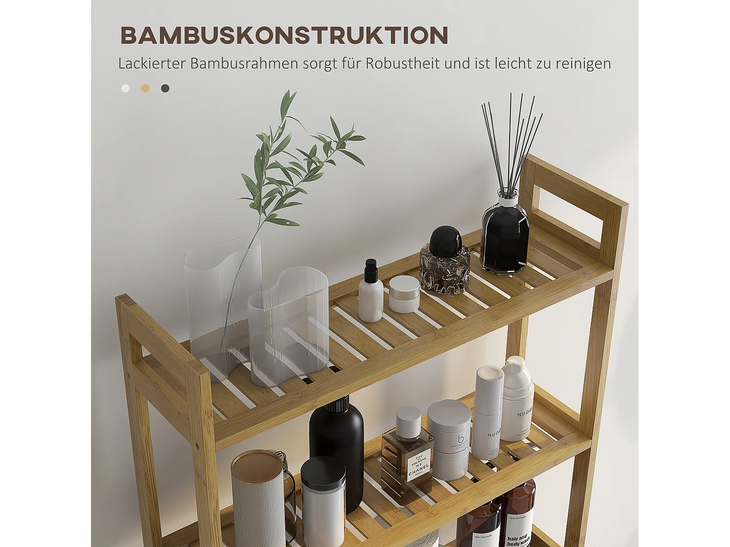 Étagère de toilette 3 niveaux en bambou, avec protection anti-basculement, bois naturel (68x20x165 cm)