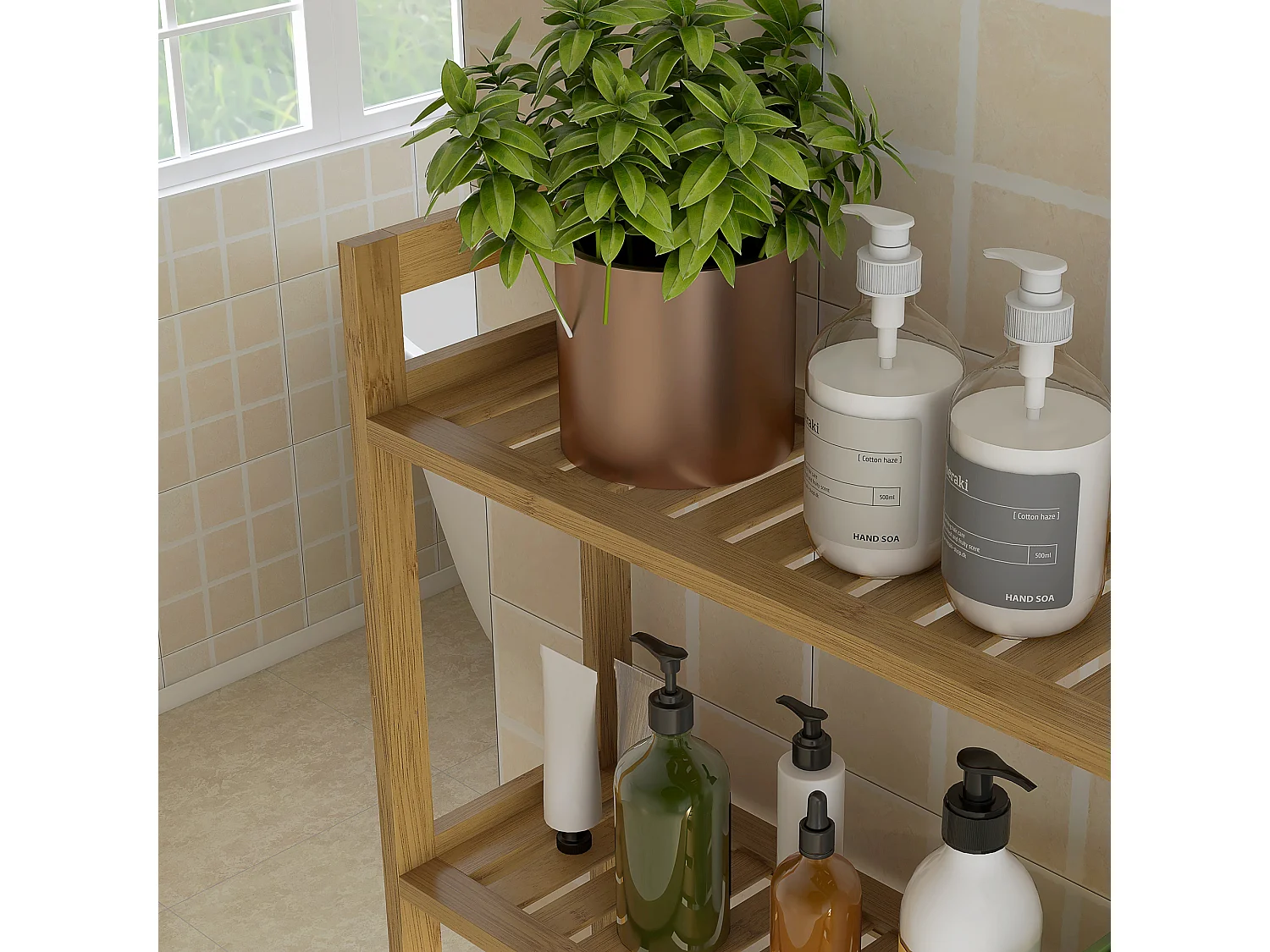 Étagère de toilette 3 niveaux en bambou, avec protection anti-basculement, bois naturel (68x20x165 cm)