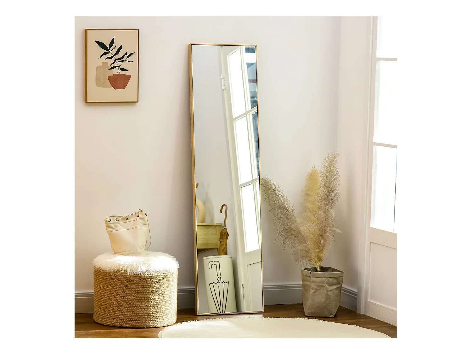 Miroir sur pied avec console effet bois, cadre MDF, argent et bois clair (40x35x147cm)