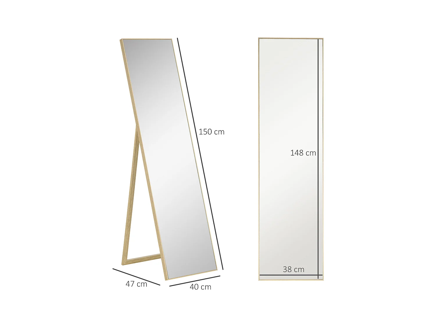 Miroir sur pied avec console effet bois, cadre MDF, argent et bois clair (40x35x147cm)
