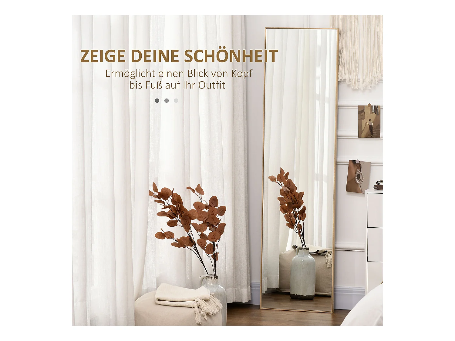 Miroir sur pied avec console effet bois, cadre MDF, argent et bois clair (40x35x147cm)