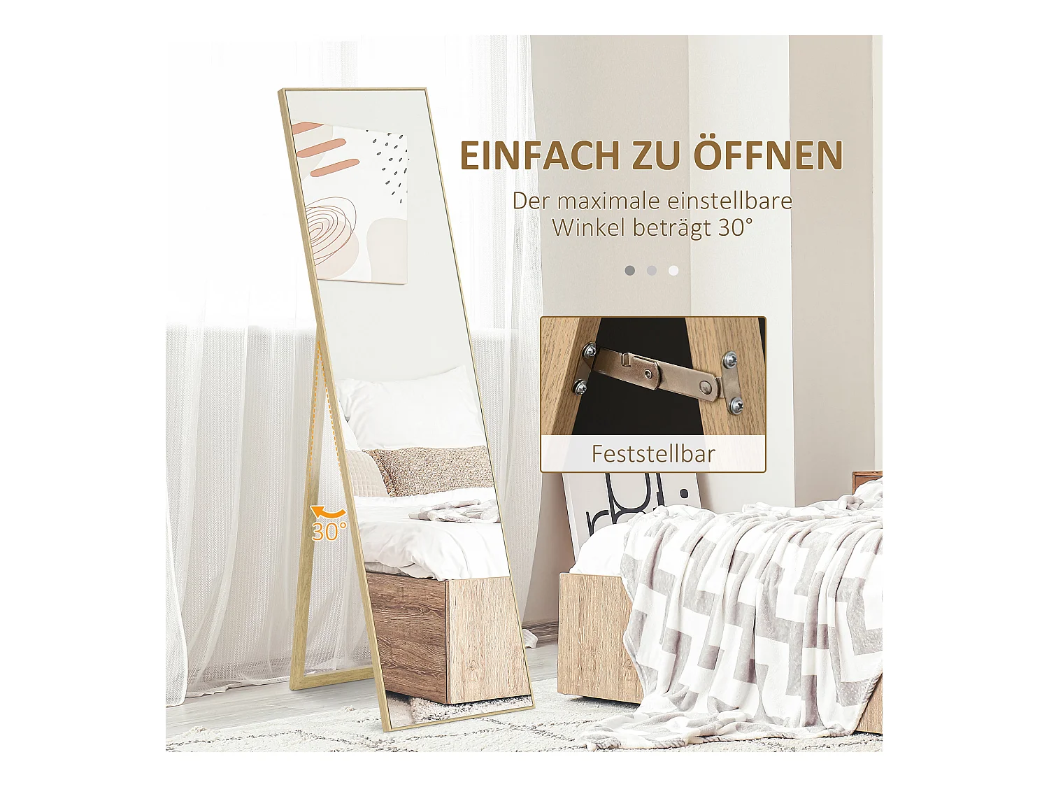 Miroir sur pied avec console effet bois, cadre MDF, argent et bois clair (40x35x147cm)