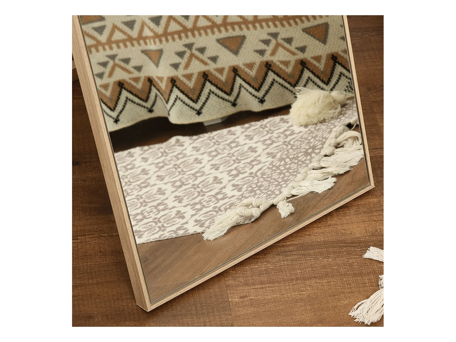 Miroir sur pied avec console effet bois, cadre MDF, argent et bois clair (40x35x147cm)