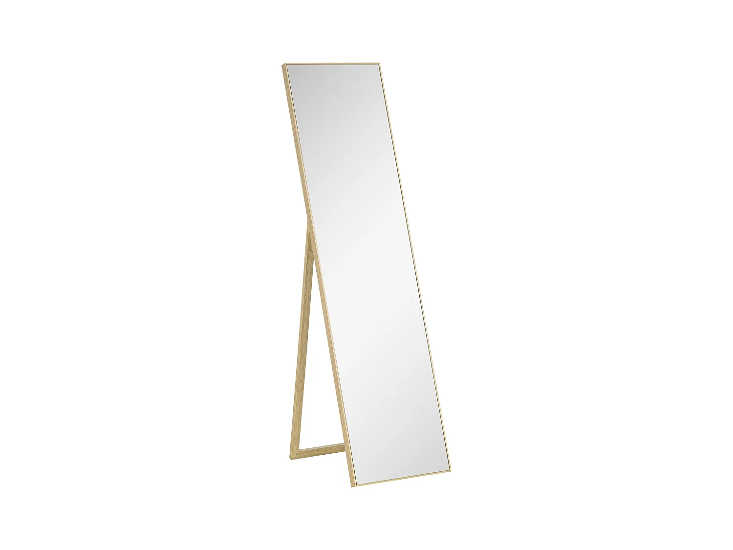 Staande spiegel met houtlook console, MDF frame, zilver en licht hout (40x35x147cm)