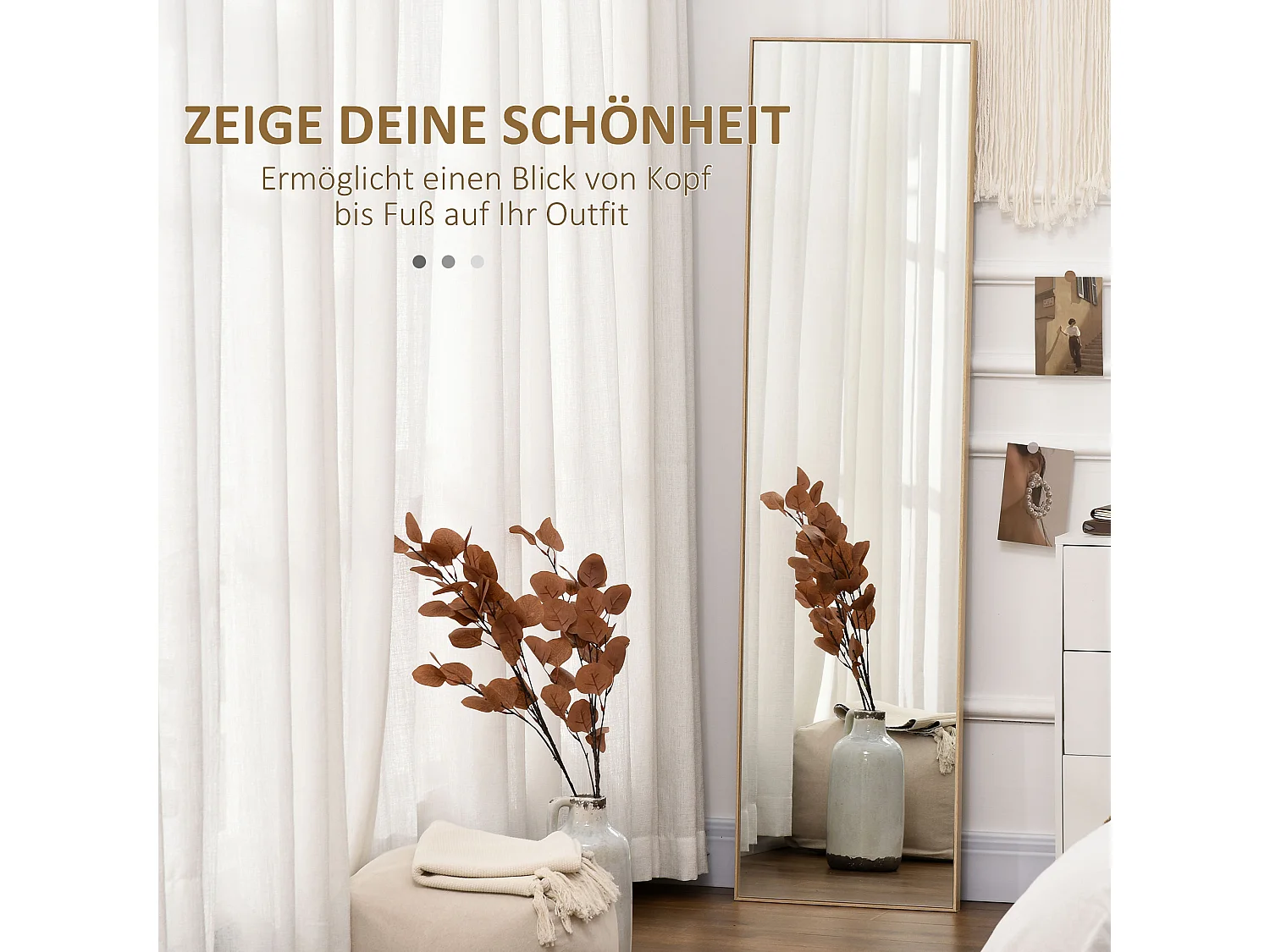 Miroir sur pied avec console effet bois, cadre MDF, argent et bois clair (40x35x147cm)