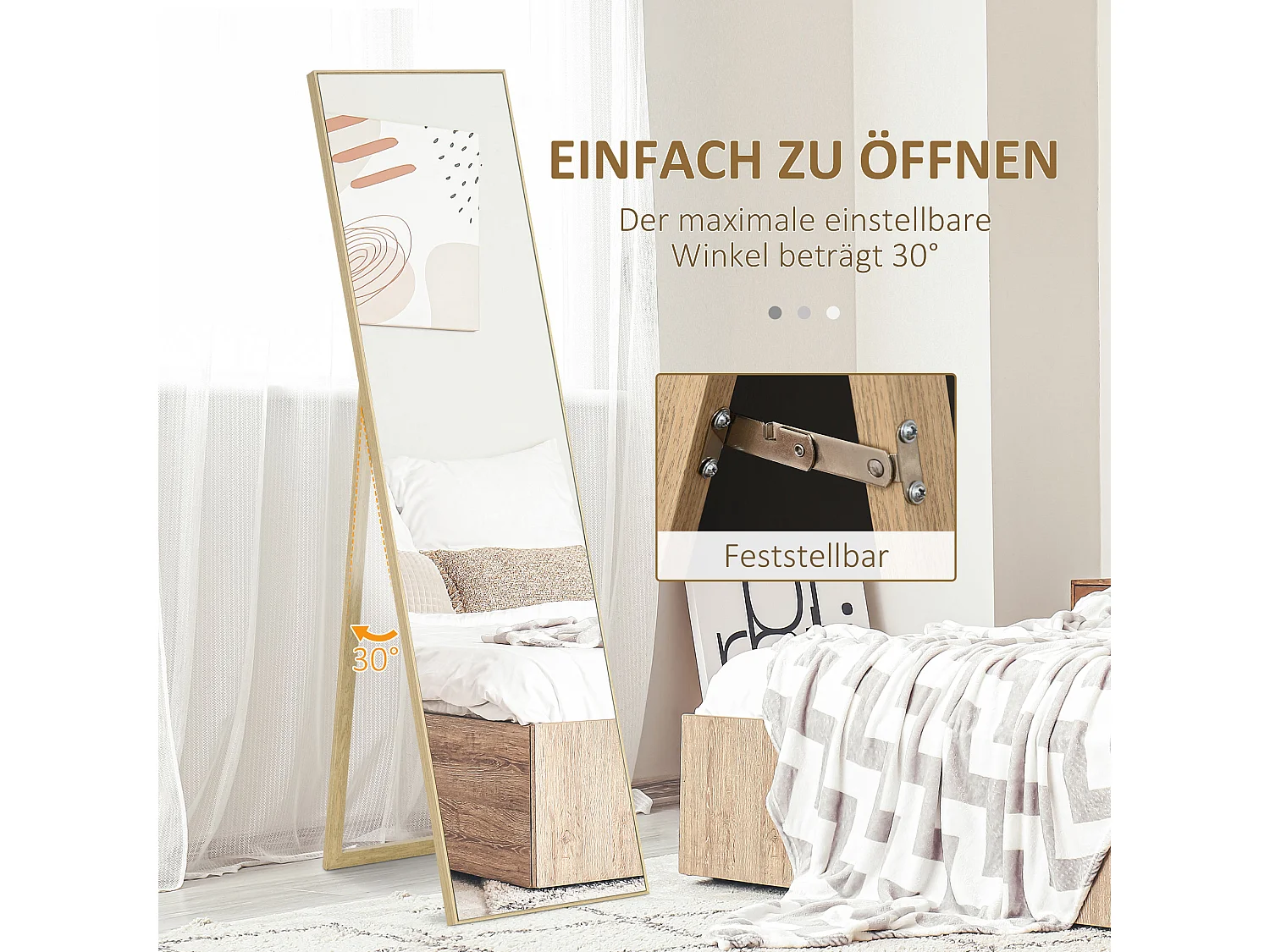 Miroir sur pied avec console effet bois, cadre MDF, argent et bois clair (40x35x147cm)