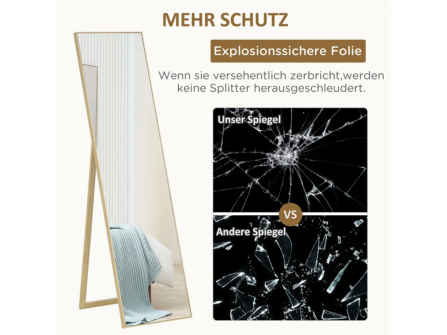 Miroir sur pied avec console effet bois, cadre MDF, argent et bois clair (40x35x147cm)