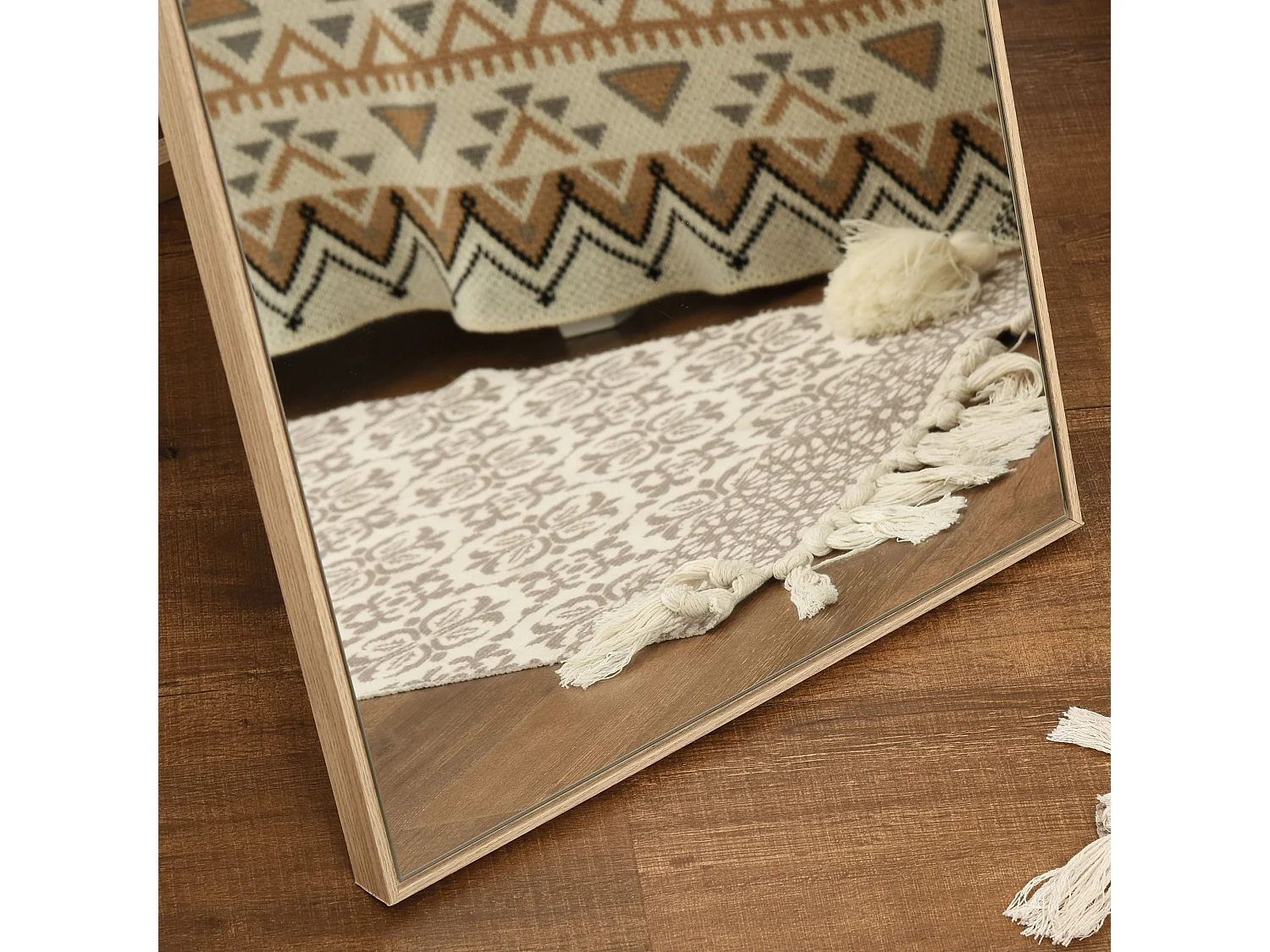 Miroir sur pied avec console effet bois, cadre MDF, argent et bois clair (40x35x147cm)