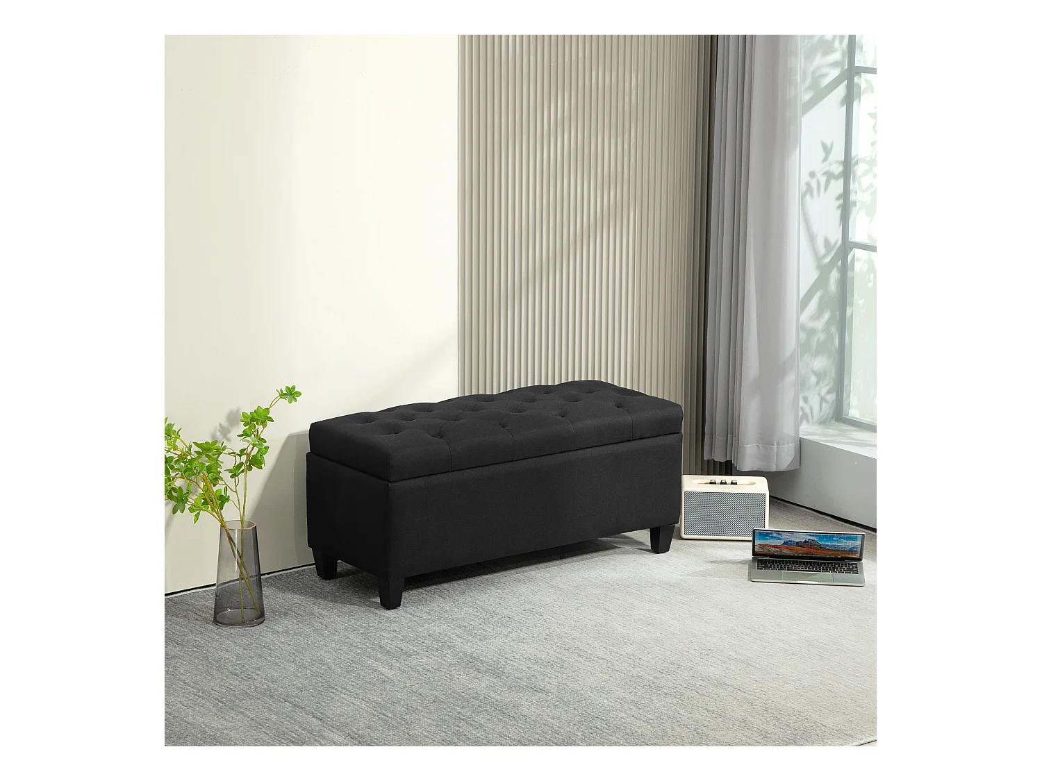 Banc de rangement avec coffre, tissu polyester effet lin, pieds en bois caoutchouc, noir (100x40x44cm)