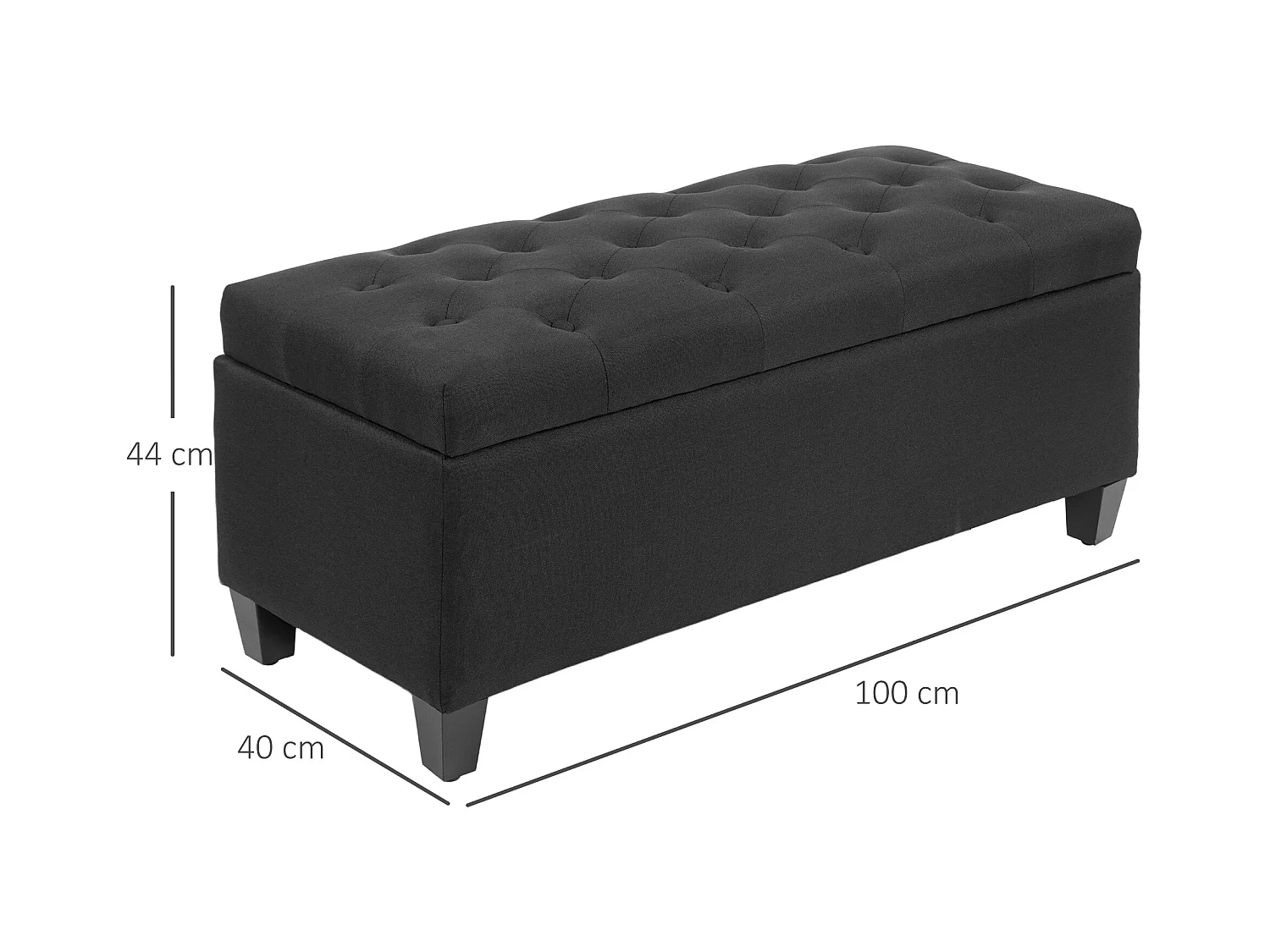 Banc de rangement avec coffre, tissu polyester effet lin, pieds en bois caoutchouc, noir (100x40x44cm)