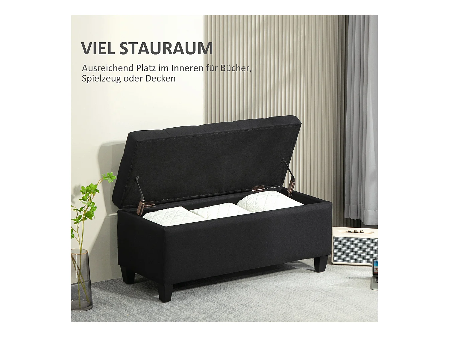 Banc de rangement avec coffre, tissu polyester effet lin, pieds en bois caoutchouc, noir (100x40x44cm)