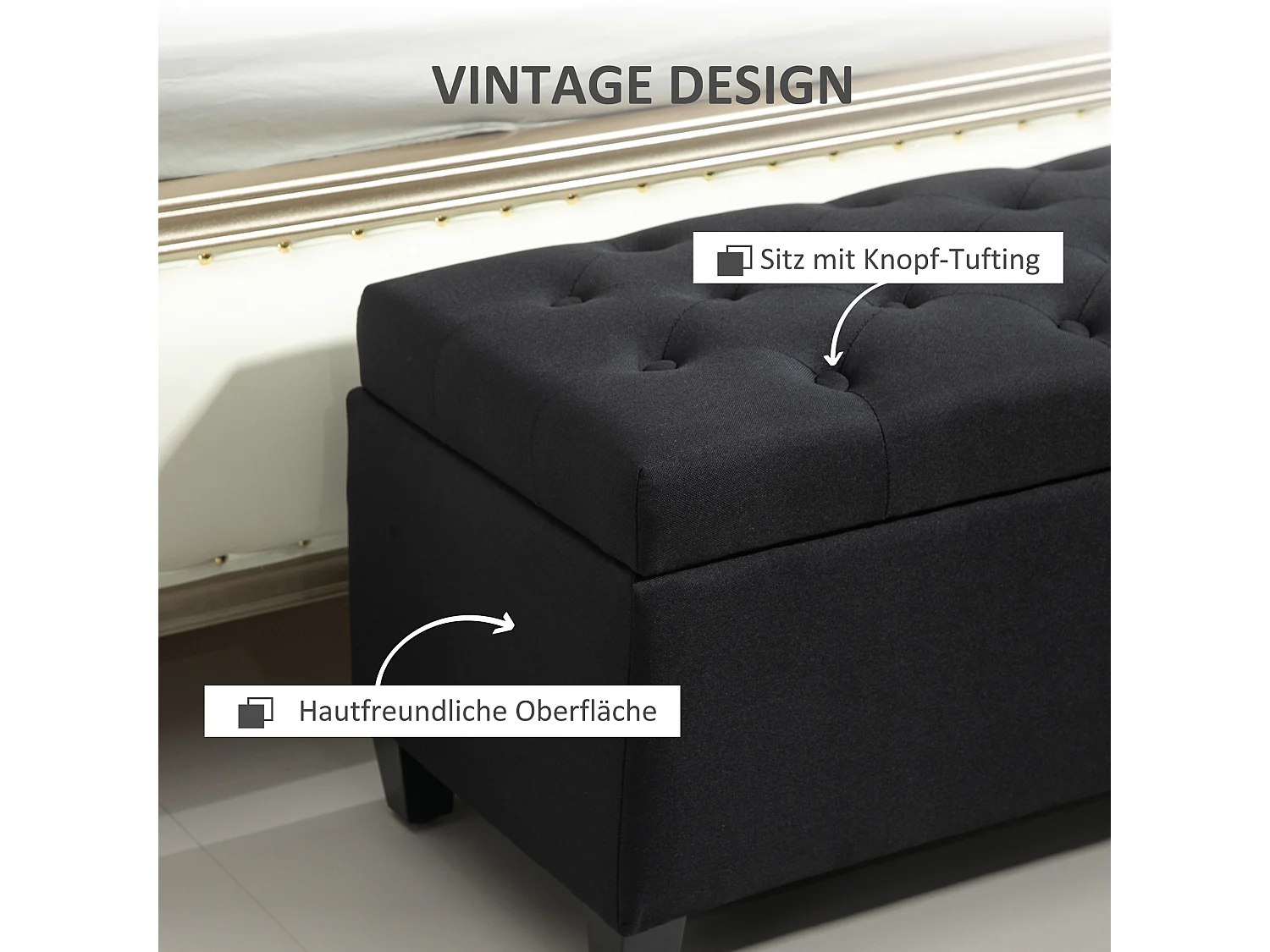 Banc de rangement avec coffre, tissu polyester effet lin, pieds en bois caoutchouc, noir (100x40x44cm)