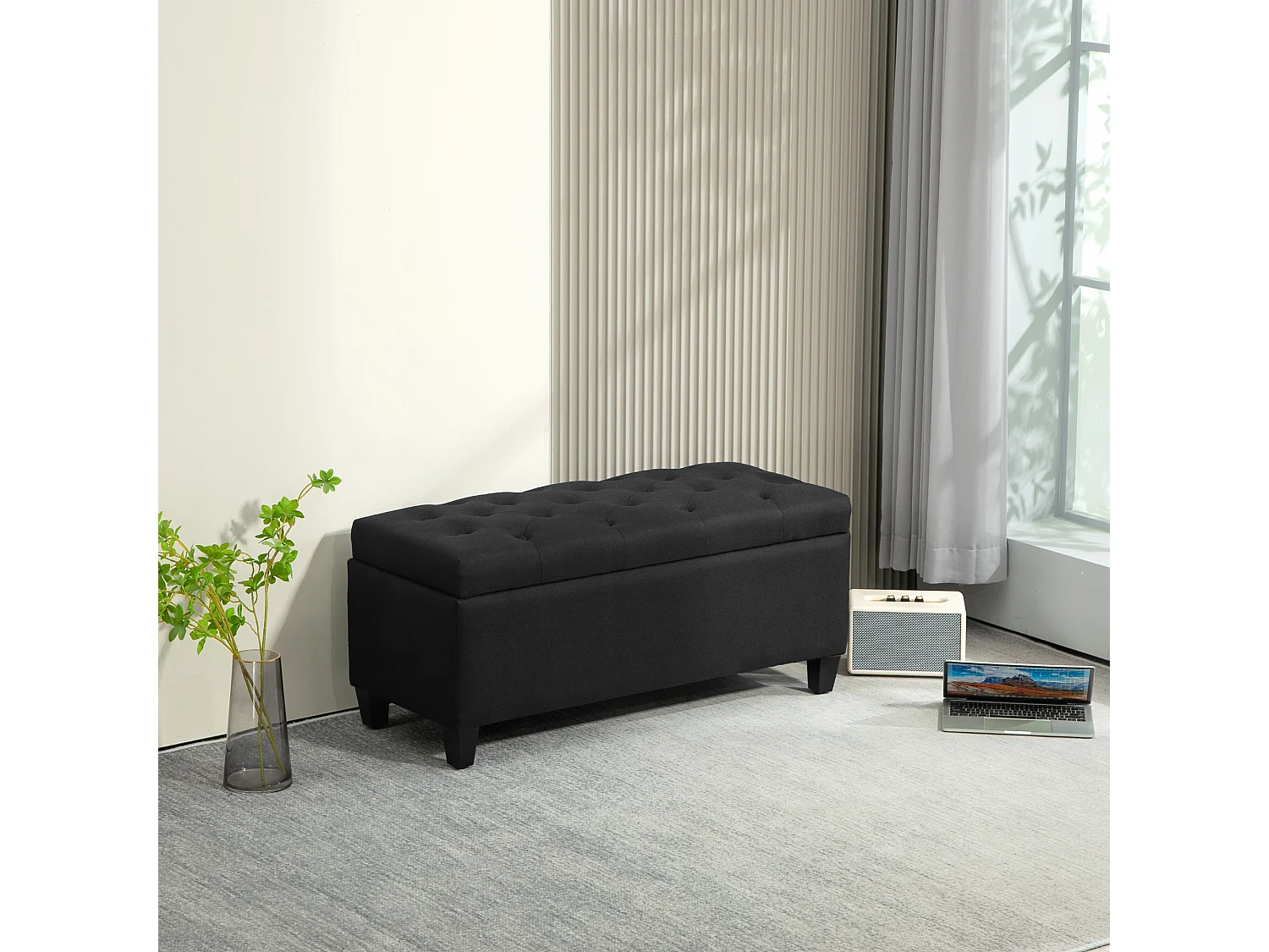 Banc de rangement avec coffre, tissu polyester effet lin, pieds en bois caoutchouc, noir (100x40x44cm)