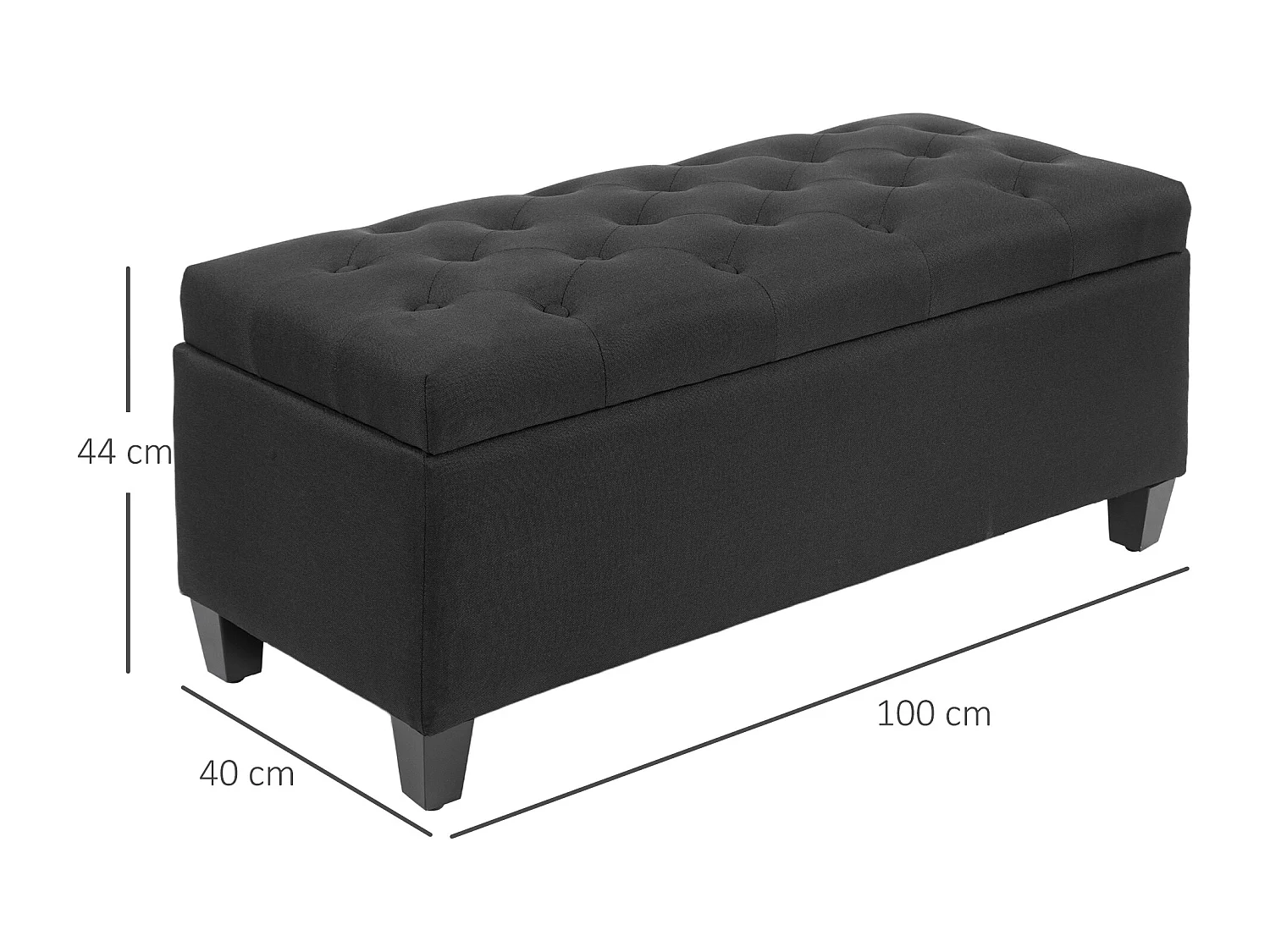 Banc de rangement avec coffre, tissu polyester effet lin, pieds en bois caoutchouc, noir (100x40x44cm)