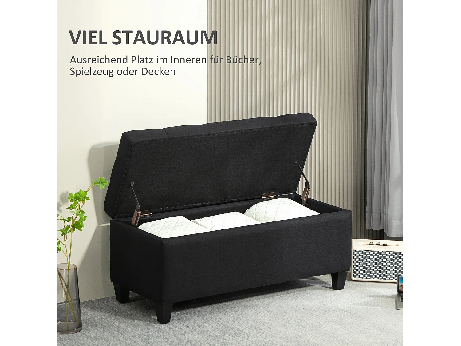 Banc de rangement avec coffre, tissu polyester effet lin, pieds en bois caoutchouc, noir (100x40x44cm)