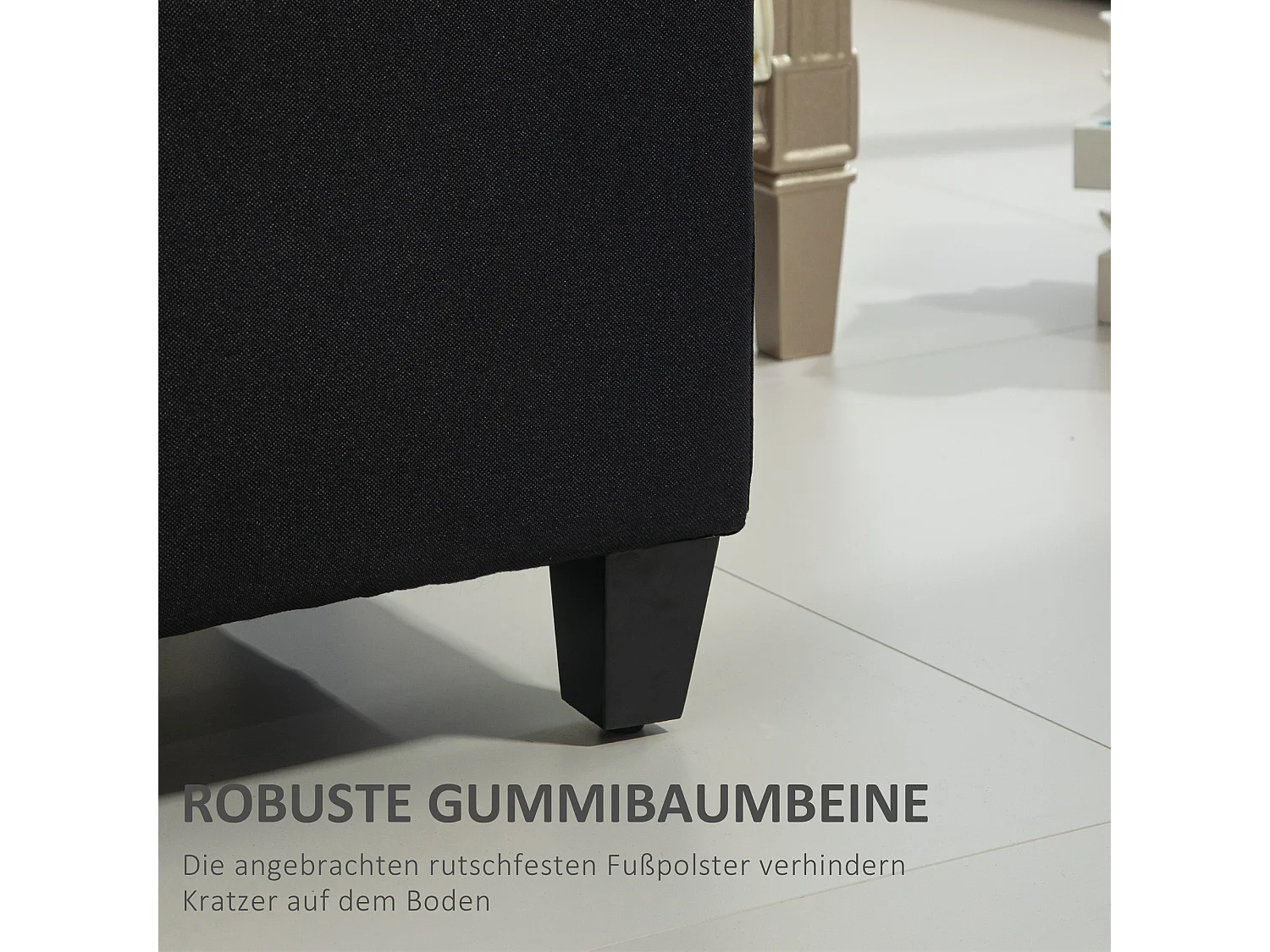 Banc de rangement avec coffre, tissu polyester effet lin, pieds en bois caoutchouc, noir (100x40x44cm)