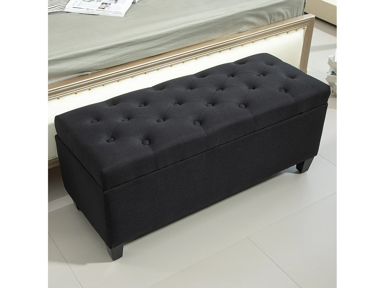 Banc de rangement avec coffre, tissu polyester effet lin, pieds en bois caoutchouc, noir (100x40x44cm)