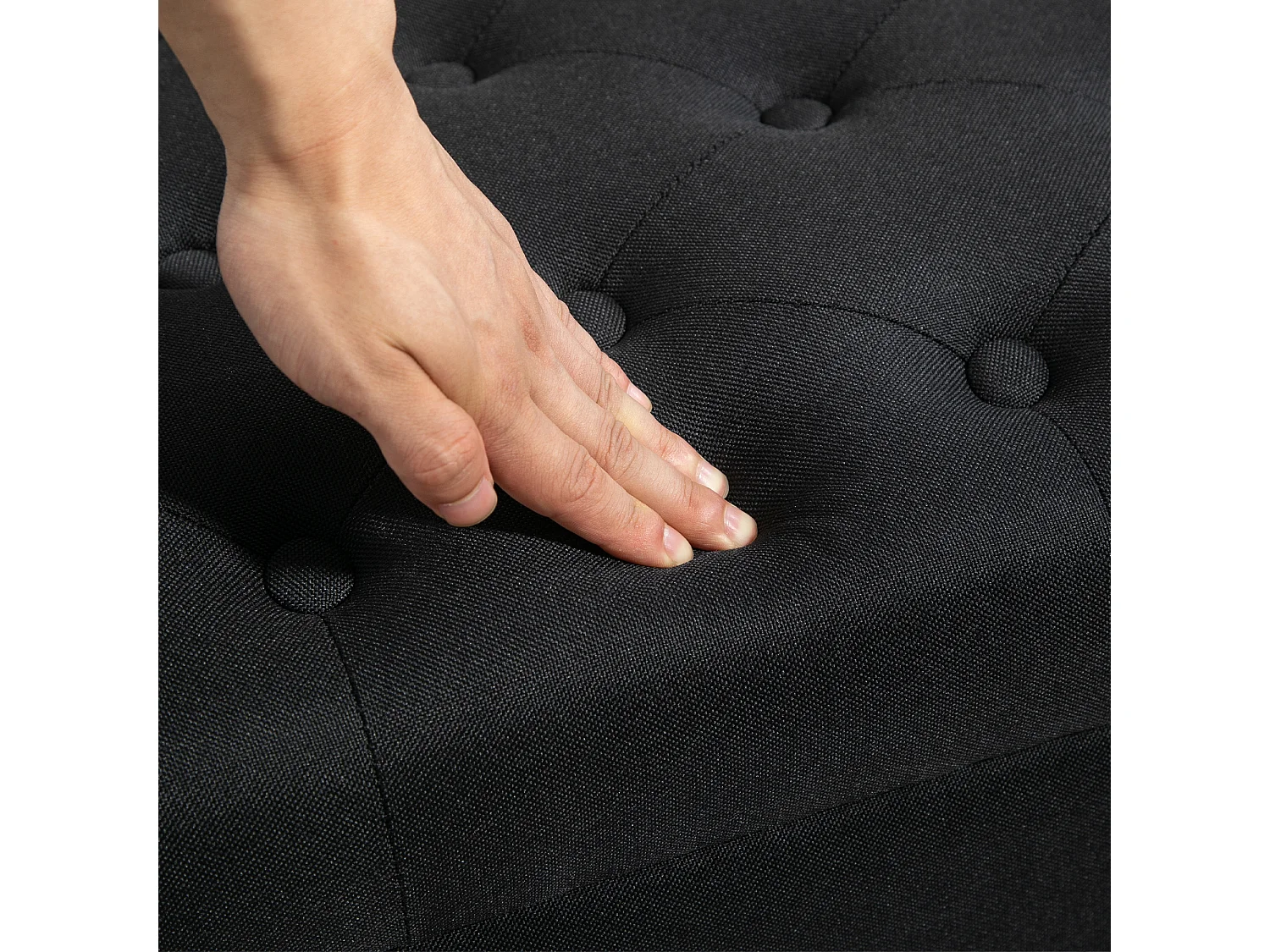 Banc de rangement avec coffre, tissu polyester effet lin, pieds en bois caoutchouc, noir (100x40x44cm)