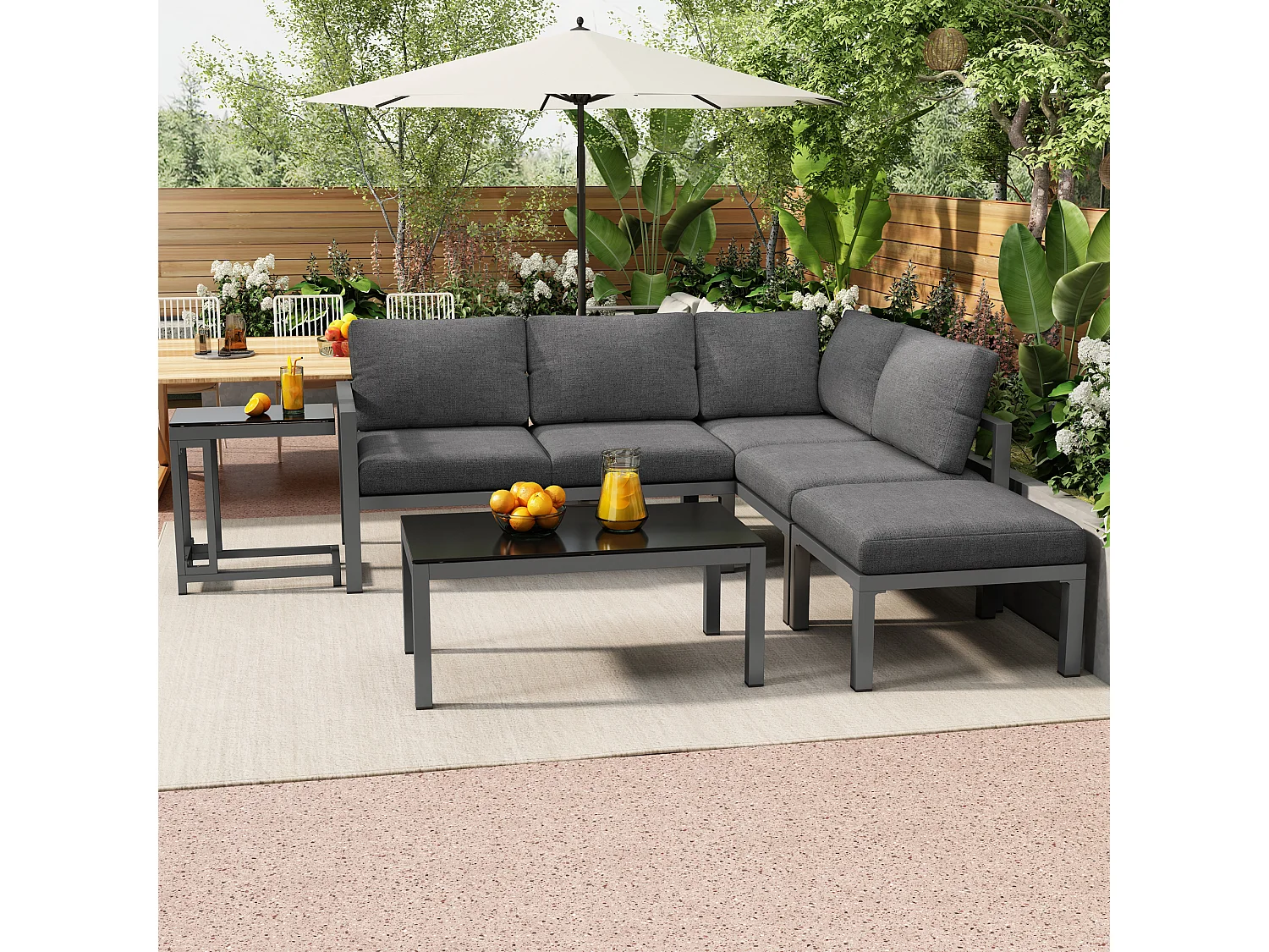 5-delige tuinloungeset, tuinmeubilair met 4 tafels van gehard glas, frame van gegalvaniseerd ijzer, inclusief grijze kussens (115x57x62 cm)