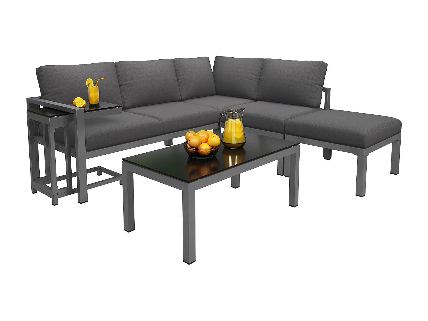 5-delige tuinloungeset, tuinmeubilair met 4 tafels van gehard glas, frame van gegalvaniseerd ijzer, inclusief grijze kussens (115x57x62 cm)