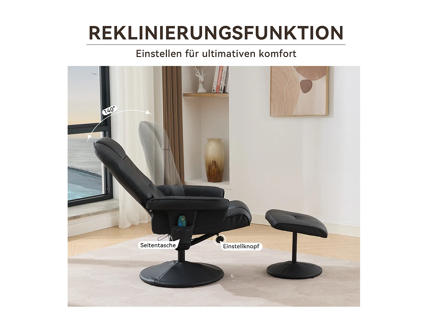 Massagesessel avec fonction inclinable, chauffage & repose-pieds, 360° pivotant, PU noir (79.5x75x107 cm)