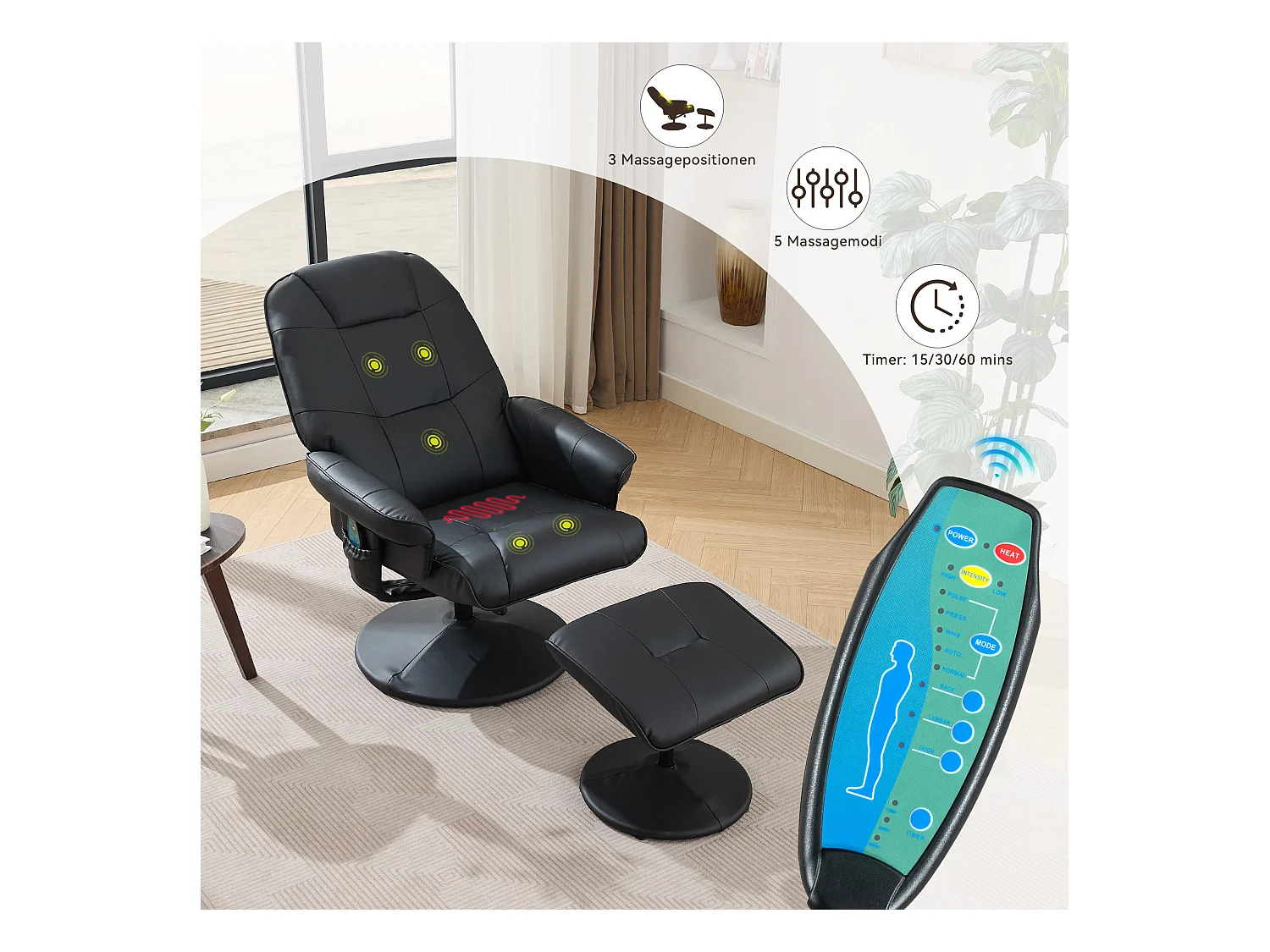 Massagesessel avec fonction inclinable, chauffage & repose-pieds, 360° pivotant, PU noir (79.5x75x107 cm)