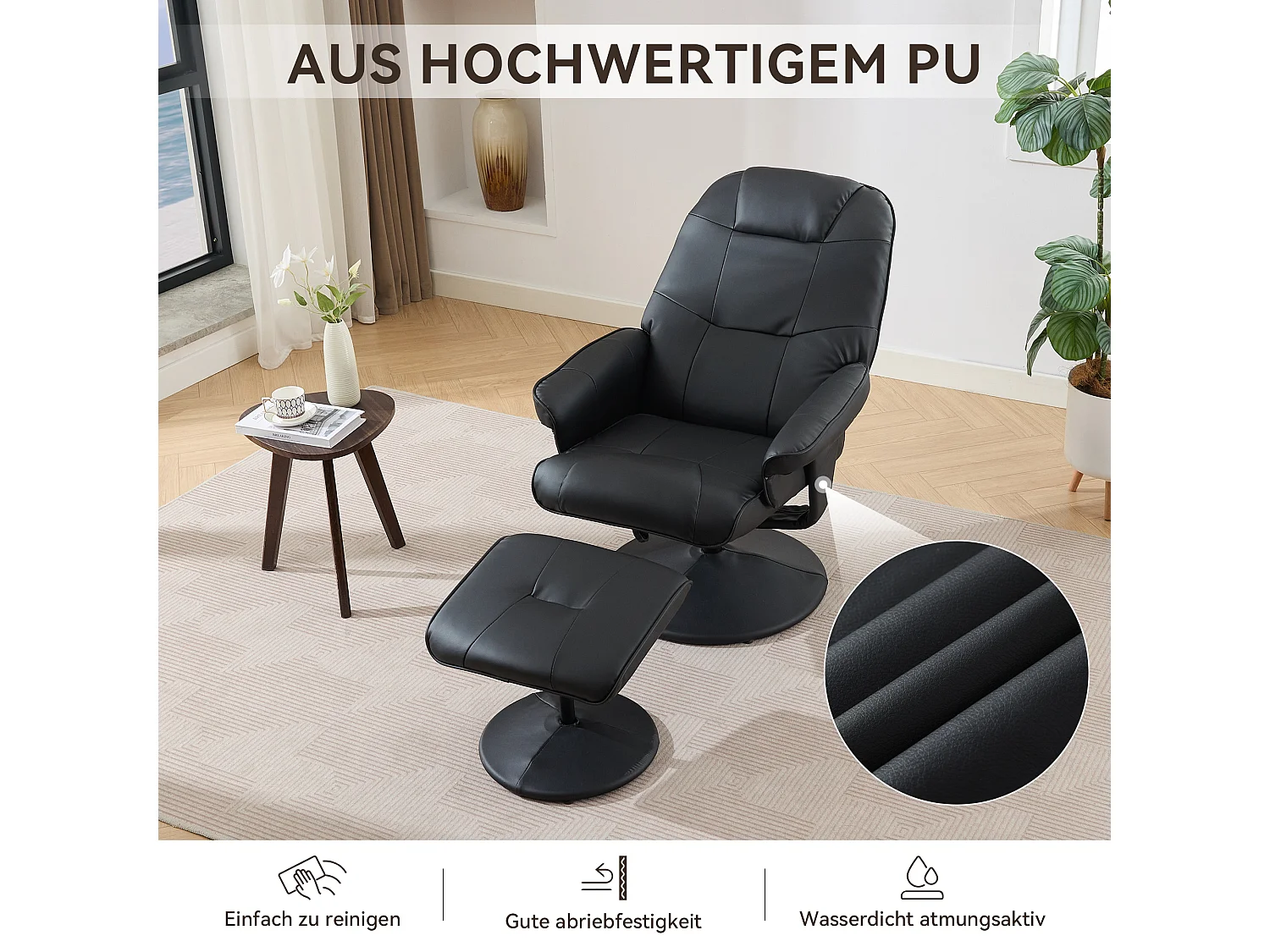 Massagesessel avec fonction inclinable, chauffage & repose-pieds, 360° pivotant, PU noir (79.5x75x107 cm)