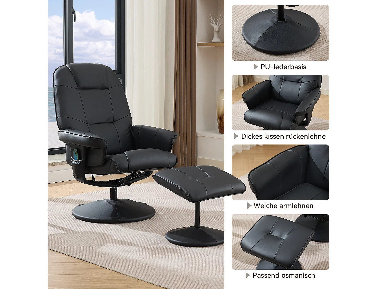 Massagesessel avec fonction inclinable, chauffage & repose-pieds, 360° pivotant, PU noir (79.5x75x107 cm)