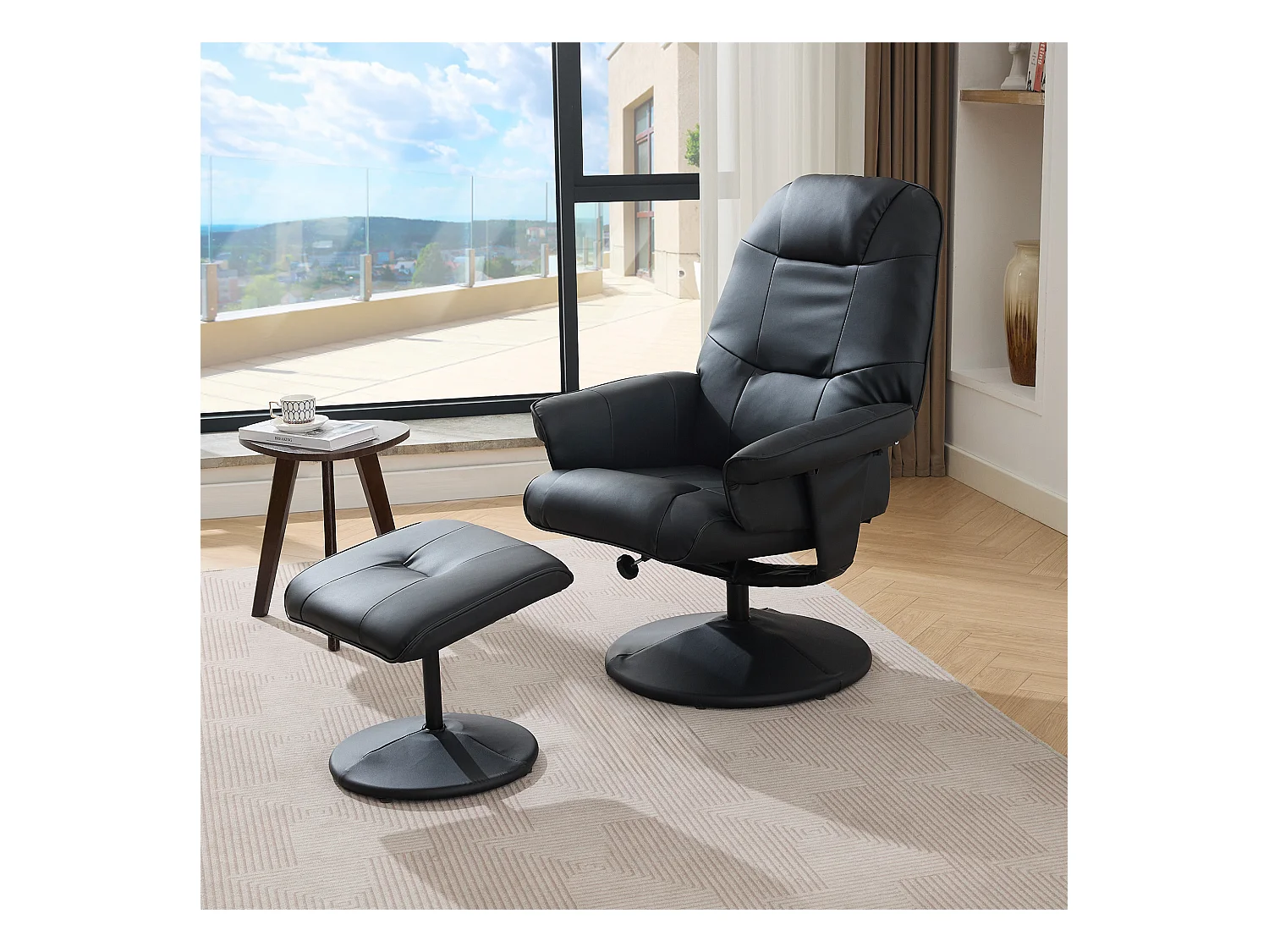 Massagestoel met relaxfunctie, verwarming en voetensteun, 360° draaibaar, zwart PU (79,5x75x107 cm)
