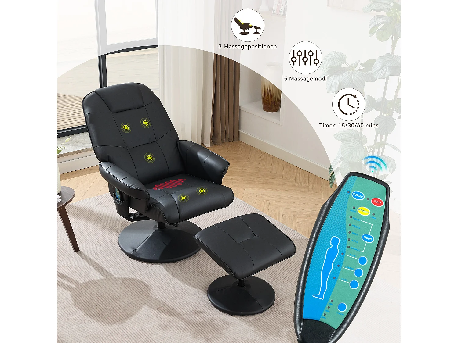 Massagesessel avec fonction inclinable, chauffage & repose-pieds, 360° pivotant, PU noir (79.5x75x107 cm)