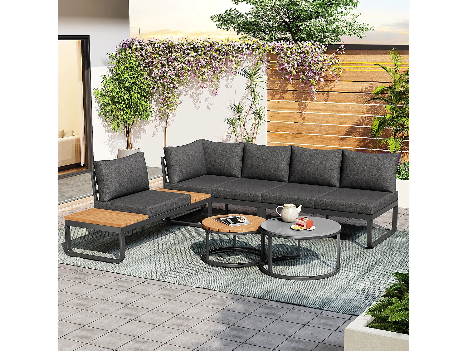 Salon de jardin (4-5 places), mobilier avec 2 tables gigognes, cadre en fer galvanisé, coussins gris inclus (123.5x58x66 cm)