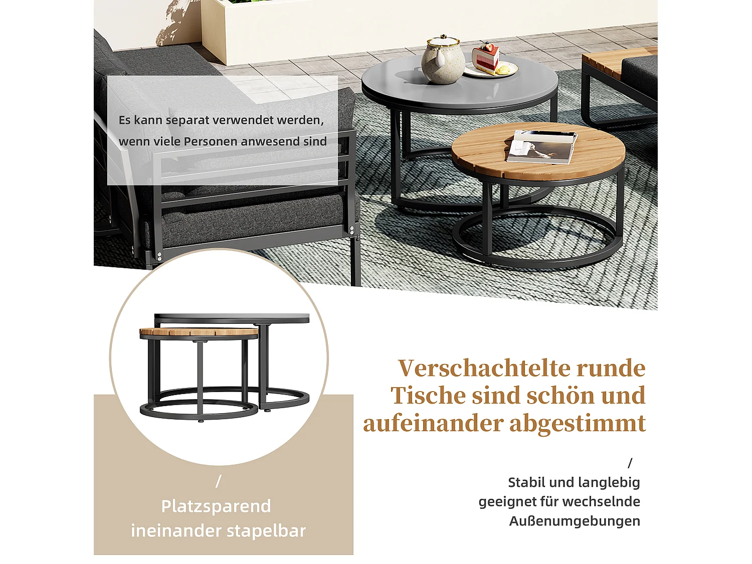 Salon de jardin (4-5 places), mobilier avec 2 tables gigognes, cadre en fer galvanisé, coussins gris inclus (123.5x58x66 cm)