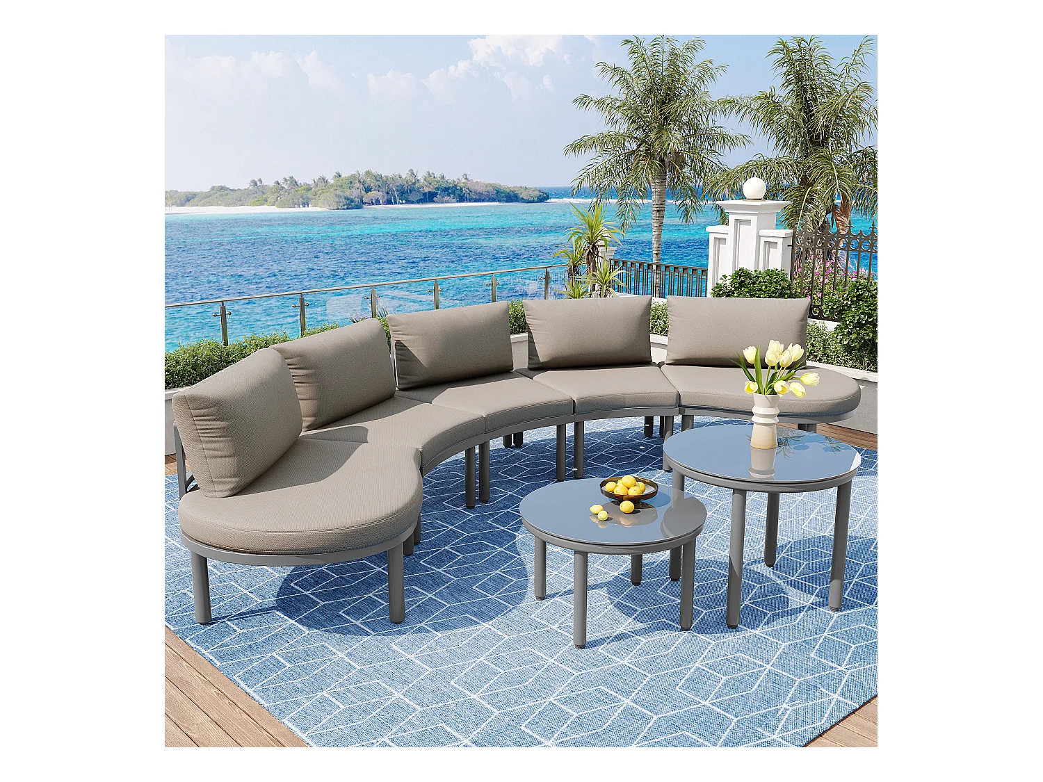 Salon de jardin (10 places), 4 tables gigognes en verre trempé, cadre en fer galvanisé, coussins gris inclus (70x60x78 cm)